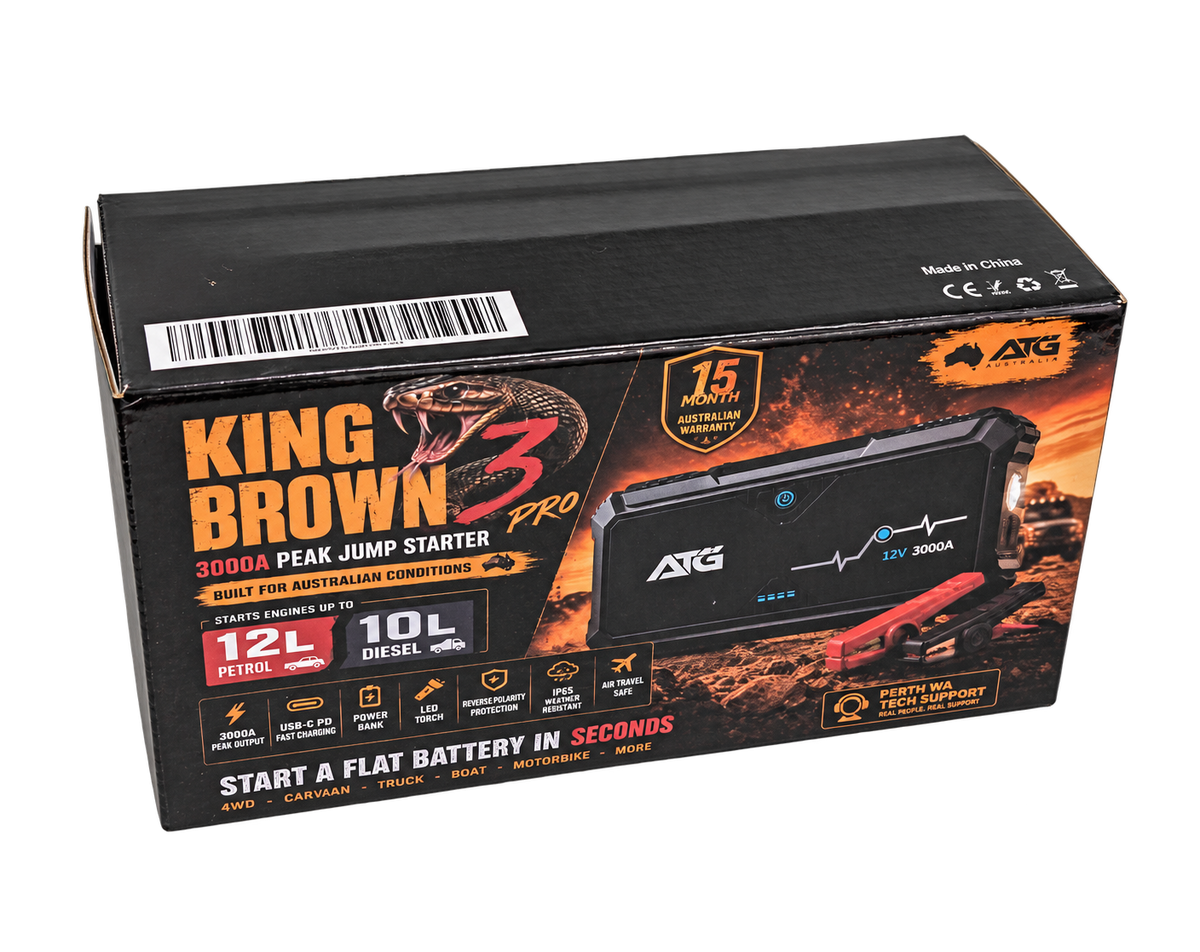 King Brown 3 Pro packaging showing 3000A peak, 12L petrol and 10L diesel ratings