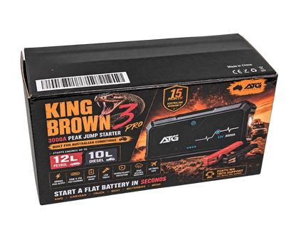 King Brown 3 Pro packaging showing 3000A peak, 12L petrol and 10L diesel ratings