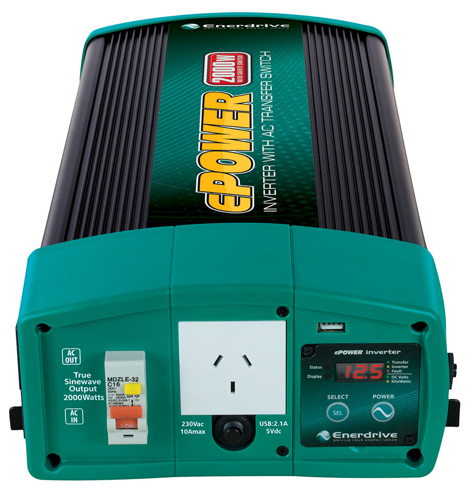 Enerdrive ePOWER 2000W 12V True Sine Wave Inverter with AC Transfer & Safety Switch