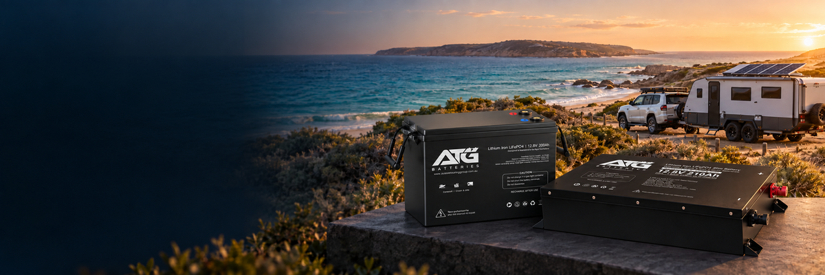 ATG lithium batteries with a caravan and four-wheel drive beside the Western Australian coast