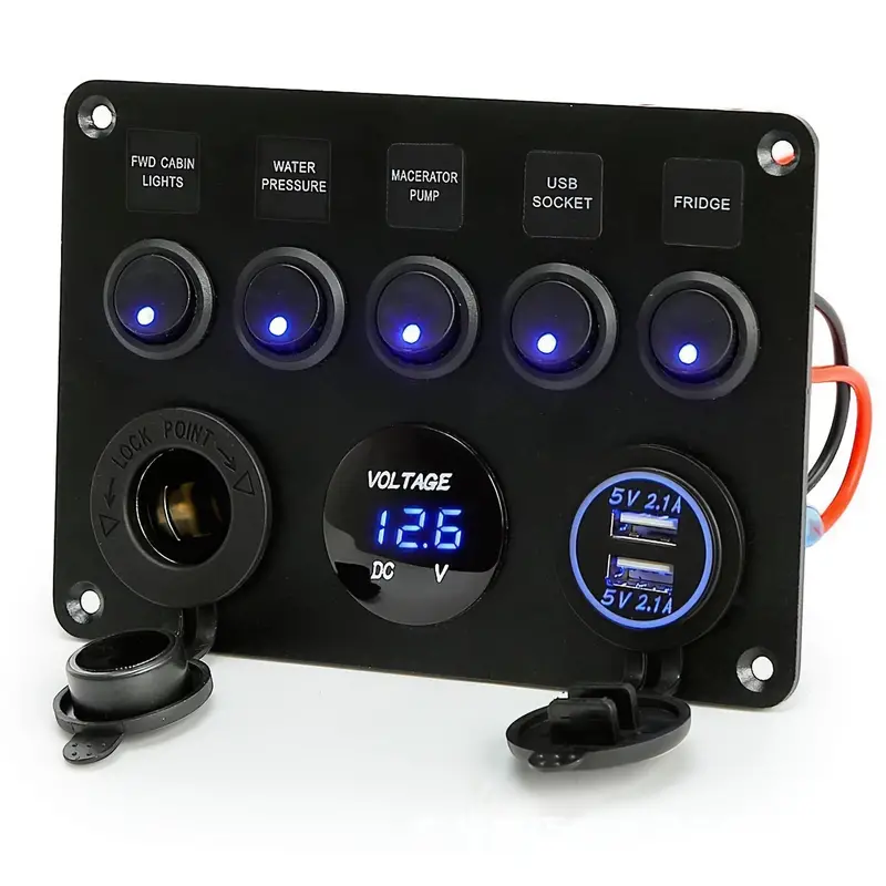 5 Gang Rocker Switch Panel with Backlit Dual USB Charger